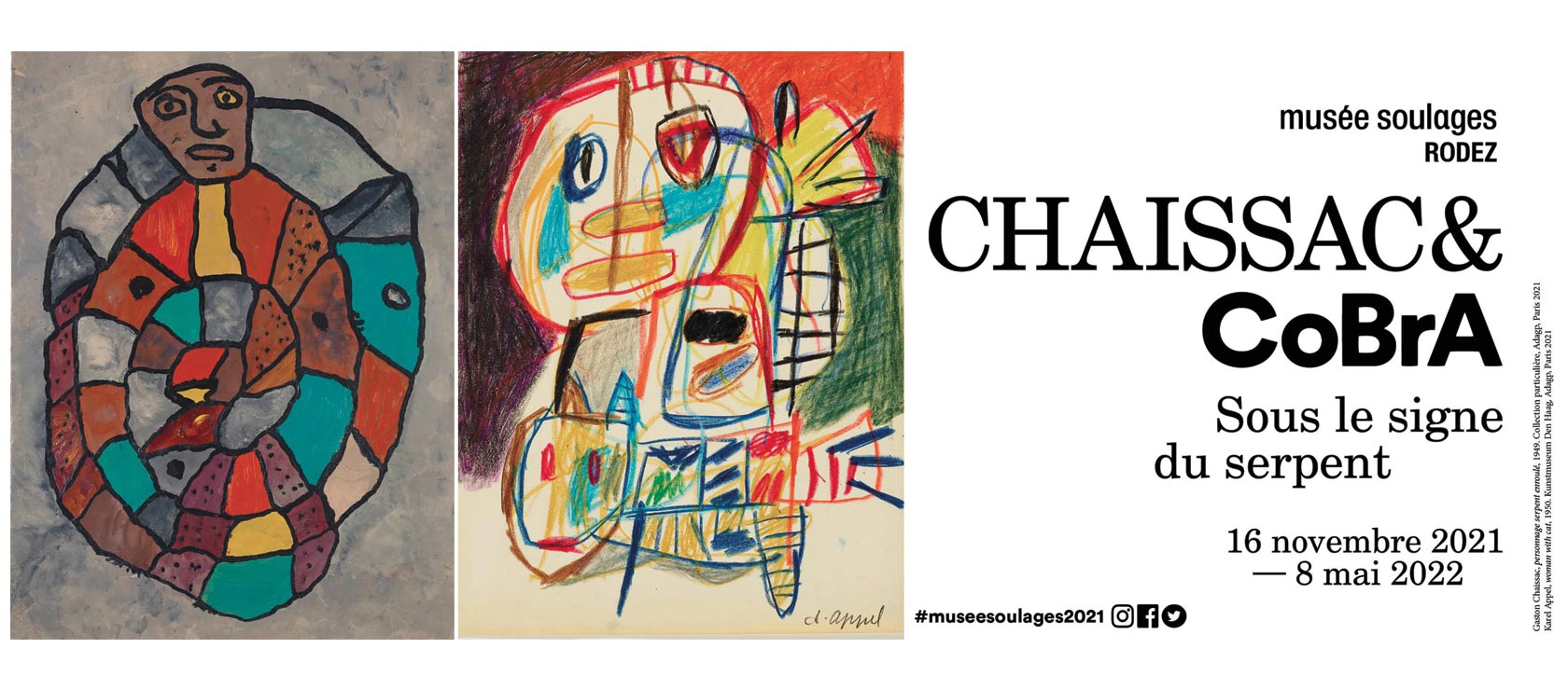 Bandeau de l’exposition, peintures de Chaissac et Karel Appel côte à côte
