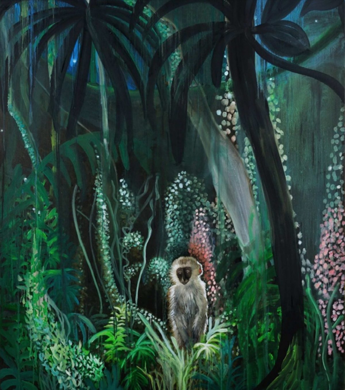 Echoes, peinture de Vanessa Fanuele, jungle nocturne dense avec un singe central illuminé