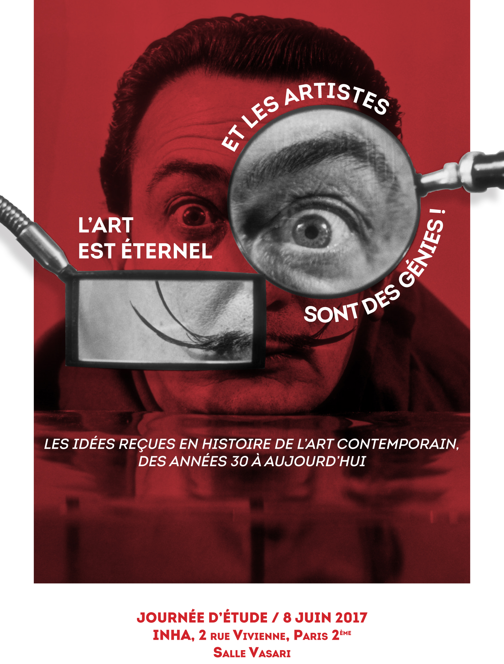 Affiche de la journée d’étude « L’art est éternel et les artistes sont des génies », portrait rouge de Salvador Dalí scruté à la loupe
