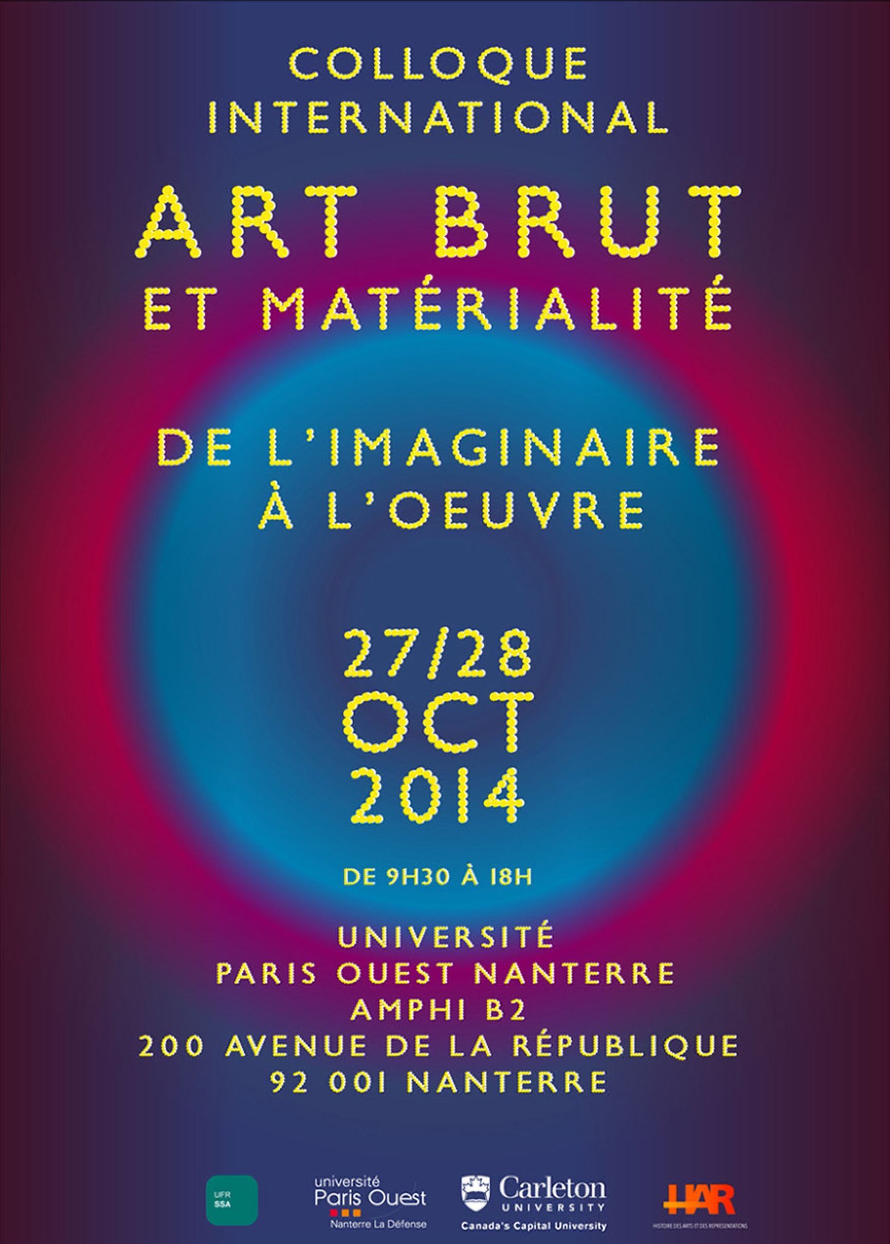 Affiche du colloque « Art Brut et Matérialité, de l’Imaginaire à l’Œuvre », typographie jaune en pointillés sur halo bleu et fond violet