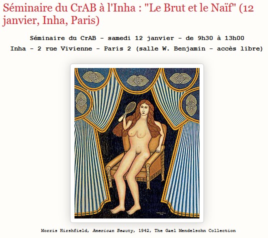 Visuel du séminaire « Le Brut et le Naïf » : reproduction d’American Beauty (1942) de Morris Hirshfield, femme nue sur un fauteuil devant un rideau bleu à motifs
